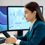 A professional female customer service representative, fully clothed in a modest business suit, seated at a sleek, minimalist desk in a modern, brightly lit tech support center. She is looking at a holographic display that shows a subtle visualization of emotional data (e.g., gentle wave patterns or abstract color shifts) related to a customer interaction. Her expression is calm and attentive, reflecting empathy. The background is a blurred modern office environment with other workstations, indicating a collaborative and advanced setting. Soft, professional lighting, high-resolution, detailed, cinematic composition, perfect anatomy, correct proportions, natural pose, well-formed hands, proper finger count, natural body proportions, safe for work, appropriate content, fully clothed, professional dress, family-friendly.