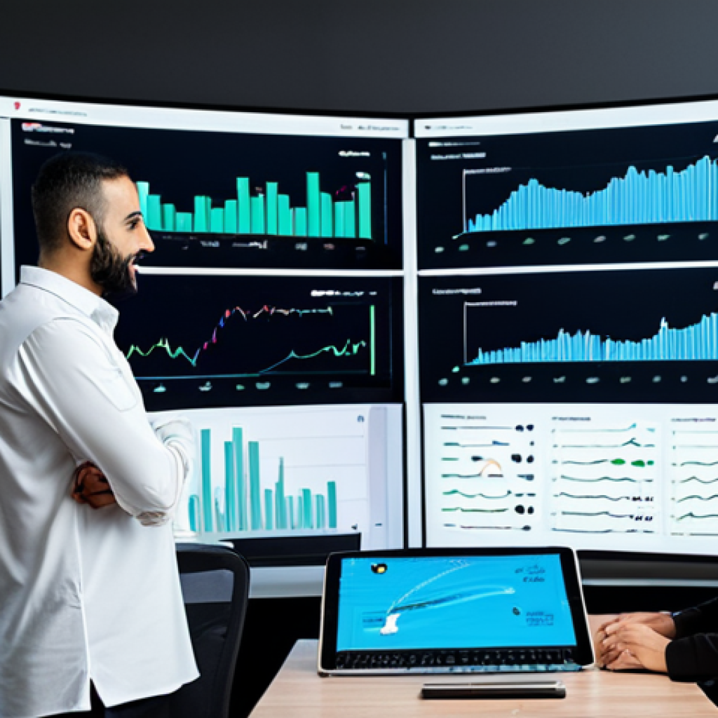 ** "A busy modern office scene with a professional, fully clothed marketing team analyzing real-time customer emotion data displayed on large screens. Arabic script subtly integrated into the data visualizations. The atmosphere is collaborative and focused. Safe for work, appropriate content, family-friendly, perfect anatomy, natural pose, professional, modest clothing, high quality." **