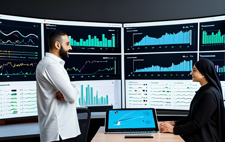 ** "A busy modern office scene with a professional, fully clothed marketing team analyzing real-time customer emotion data displayed on large screens. Arabic script subtly integrated into the data visualizations. The atmosphere is collaborative and focused. Safe for work, appropriate content, family-friendly, perfect anatomy, natural pose, professional, modest clothing, high quality." **