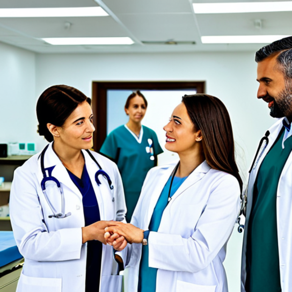 ** "A group of professional doctors and nurses in a modern hospital, fully clothed in modest medical attire, interacting with a patient. The scene is bright and clean, with state-of-the-art medical equipment visible. Safe for work, appropriate content, perfect anatomy, correct proportions, natural pose, well-formed hands, proper finger count, natural body proportions, professional, family-friendly." **