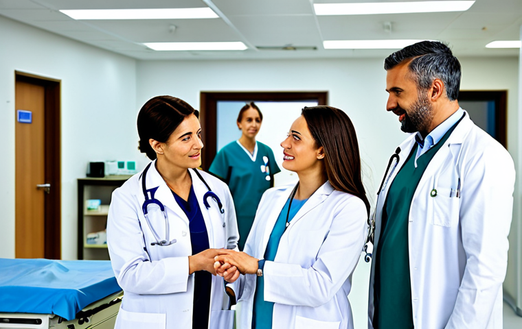 ** "A group of professional doctors and nurses in a modern hospital, fully clothed in modest medical attire, interacting with a patient. The scene is bright and clean, with state-of-the-art medical equipment visible. Safe for work, appropriate content, perfect anatomy, correct proportions, natural pose, well-formed hands, proper finger count, natural body proportions, professional, family-friendly." **