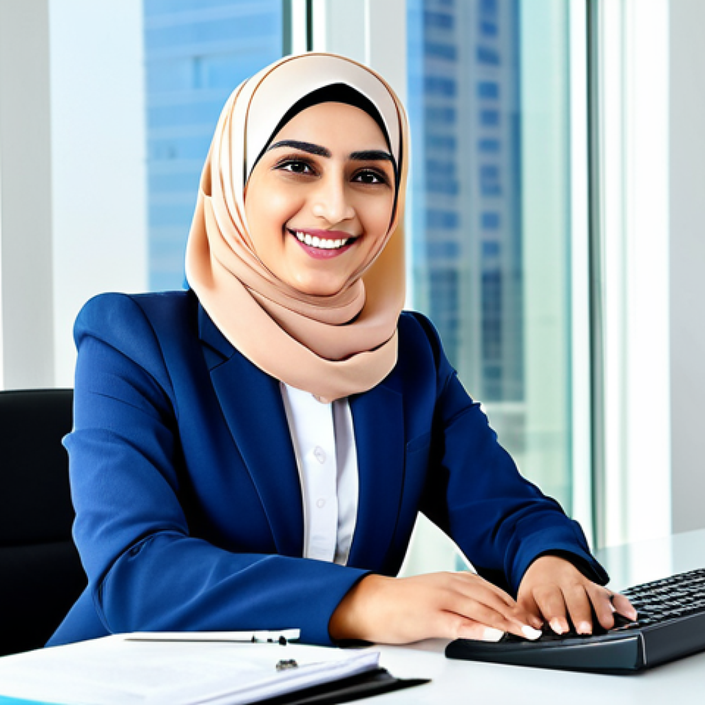 ** "A professional businesswoman in a modest, elegant hijab and business suit, working at a modern desk in a bright, contemporary office in Dubai. She is smiling warmly. Clean background. Safe for work, appropriate content, fully clothed, professional, perfect anatomy, natural proportions, well-formed hands, proper finger count, natural pose. High quality, professional photography." **