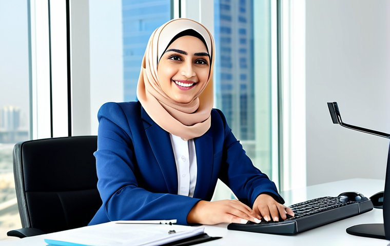 ** "A professional businesswoman in a modest, elegant hijab and business suit, working at a modern desk in a bright, contemporary office in Dubai. She is smiling warmly. Clean background. Safe for work, appropriate content, fully clothed, professional, perfect anatomy, natural proportions, well-formed hands, proper finger count, natural pose. High quality, professional photography." **