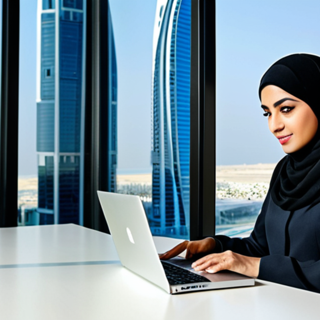 Modern Arab Professional** "A confident Arab businesswoman in a stylish, modest, and fully clothed abaya and hijab, working on a laptop in a bright, modern office in Dubai, United Arab Emirates; cityscape visible through the window; professional attire, safe for work, perfect anatomy, correct proportions, natural pose, professional photography, high quality." **