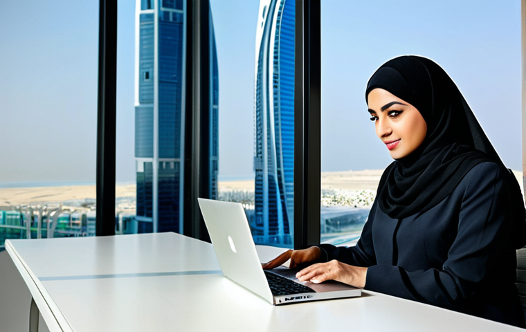 Modern Arab Professional** "A confident Arab businesswoman in a stylish, modest, and fully clothed abaya and hijab, working on a laptop in a bright, modern office in Dubai, United Arab Emirates; cityscape visible through the window; professional attire, safe for work, perfect anatomy, correct proportions, natural pose, professional photography, high quality." **