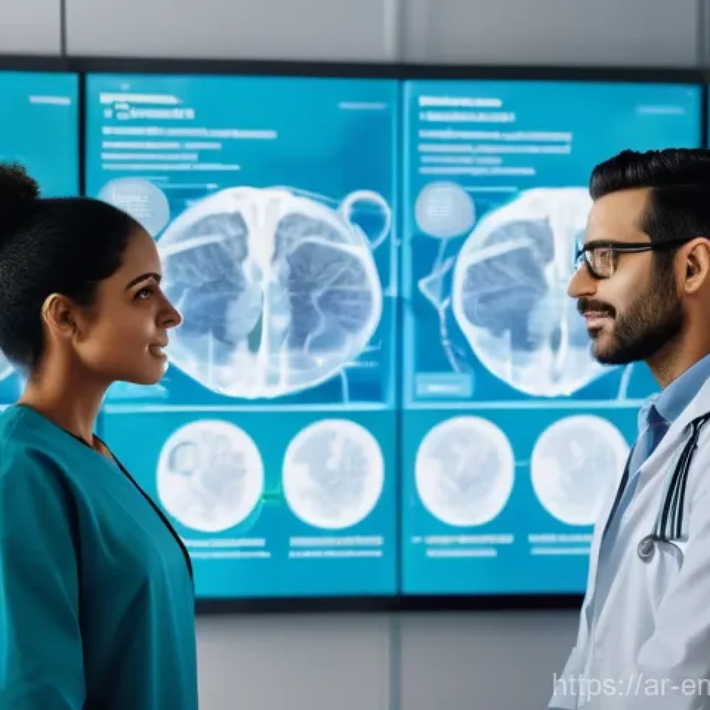 감정인식 AI 기술의 헬스케어 적용 사례 - **Prompt:** A diverse group of healthcare professionals, including doctors and nurses in modern scru...