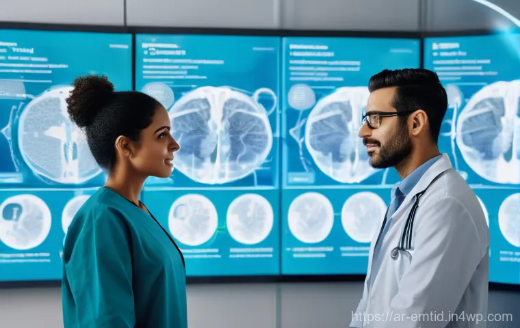 감정인식 AI 기술의 헬스케어 적용 사례 - **Prompt:** A diverse group of healthcare professionals, including doctors and nurses in modern scru...