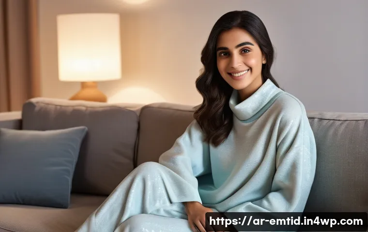 감정인식 AI 기술의 응용 가능성 - **Prompt:** A cozy, modern living room with warm, ambient lighting. A young Arab woman, modestly dre...