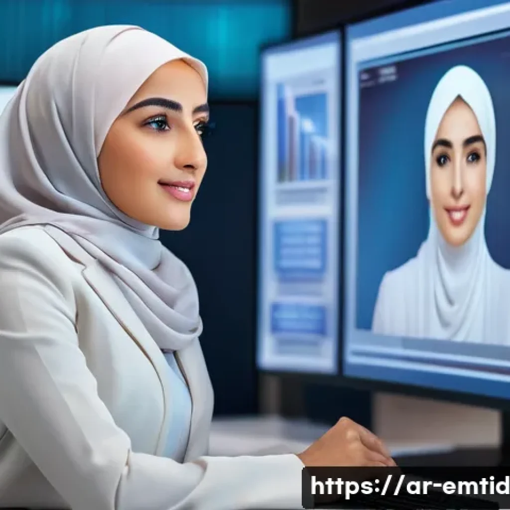 감정인식 AI 기술 발전의 핵심 요소 - A detailed digital illustration of an Arab woman using advanced AI emotion recognition technology, a...