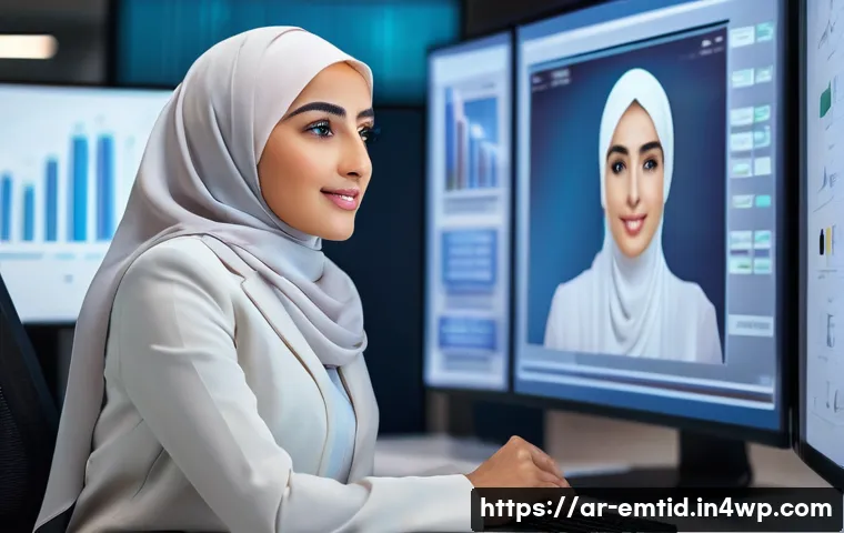감정인식 AI 기술 발전의 핵심 요소 - A detailed digital illustration of an Arab woman using advanced AI emotion recognition technology, a...