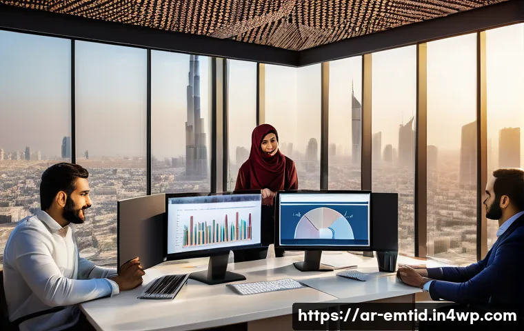 감정인식 AI 기술의 다양한 응용 사례 - A modern Middle Eastern digital marketing office scene with a diverse Arab marketing team analyzing ...