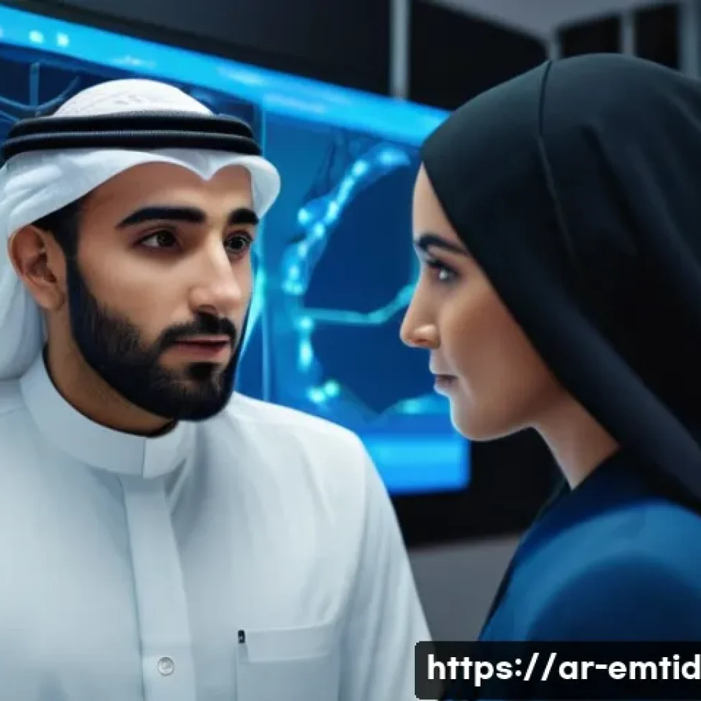 감정인식 AI 기술의 실용화 과정 - A high-tech training room scene featuring an Arab male and female participants using advanced facial...