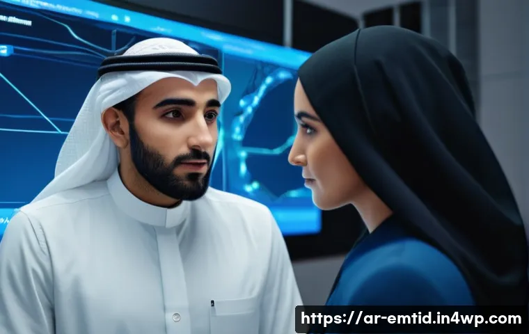 감정인식 AI 기술의 실용화 과정 - A high-tech training room scene featuring an Arab male and female participants using advanced facial...