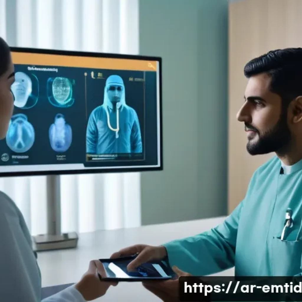 감정인식 AI 기술의 산업별 활용 사례 - A modern healthcare setting in a Middle Eastern hospital room, featuring an Arabic male doctor using...