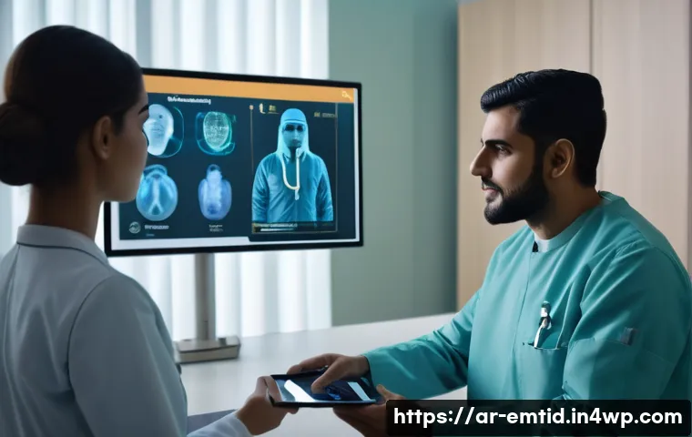 감정인식 AI 기술의 산업별 활용 사례 - A modern healthcare setting in a Middle Eastern hospital room, featuring an Arabic male doctor using...