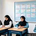 감정인식 AI의 사회적 가치 - A modern classroom scene in a Middle Eastern school, featuring a diverse group of Arabic-speaking st...