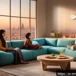 감정인식 AI 기술의 사회적 역할 - A warm, modern Arab family living room scene featuring a diverse family with children wearing diaper...