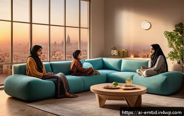 감정인식 AI 기술의 사회적 역할 - A warm, modern Arab family living room scene featuring a diverse family with children wearing diaper...