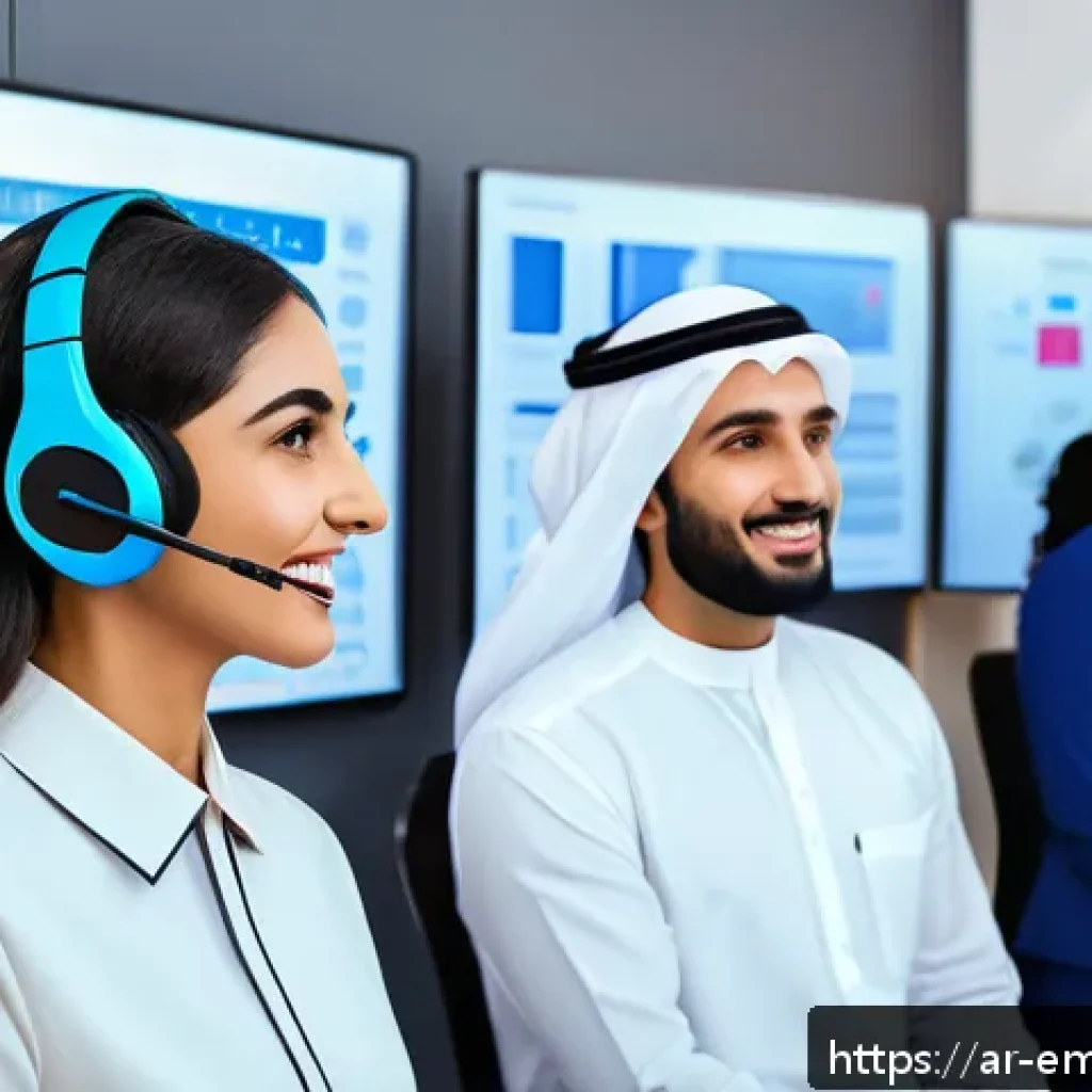 감정인식 AI의 데이터 분석 기술 - A professional Middle Eastern customer service environment featuring a male and female employee wear...