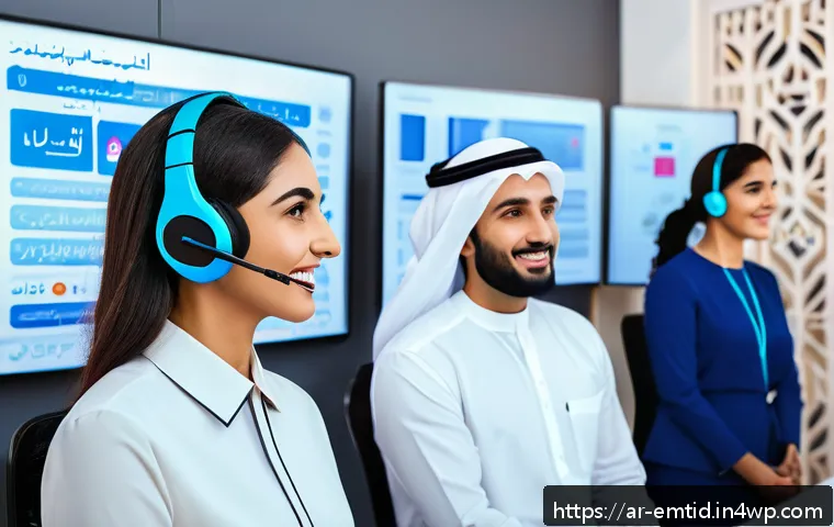 감정인식 AI의 데이터 분석 기술 - A professional Middle Eastern customer service environment featuring a male and female employee wear...