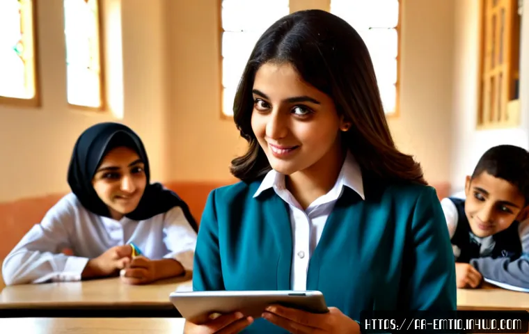 감정인식 AI 기술의 창의적 활용 예 - Photorealistic creative emotion-recognition AI in a modern Arab classroom, a warm female teacher in ...