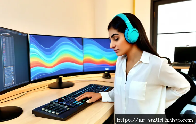 감정인식 AI와 오디오 분석 기술 - Photorealistic modern audio analysis workspace in a Middle Eastern technology studio, Arab woman eng...
