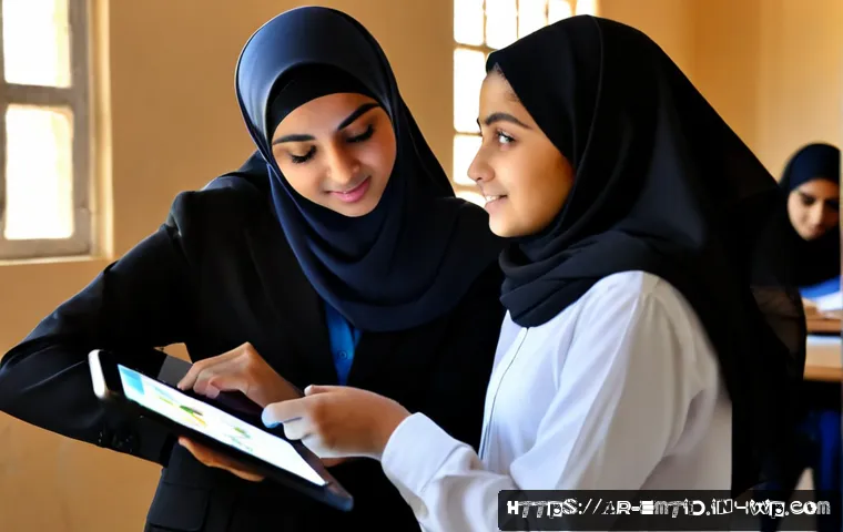 Home 30 감정인식 AI 기술의 교육 분야 활용 - Photorealistic modern Arab secondary school classroom, a female teacher wearing a modest hijab gentl...