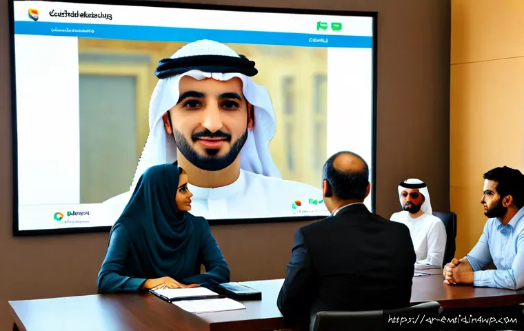 Home 17 감정인식 AI와 조직 내 상호작용의 변화 - Photorealistic modern Gulf-region office meeting, diverse Arab professionals in modest business atti...